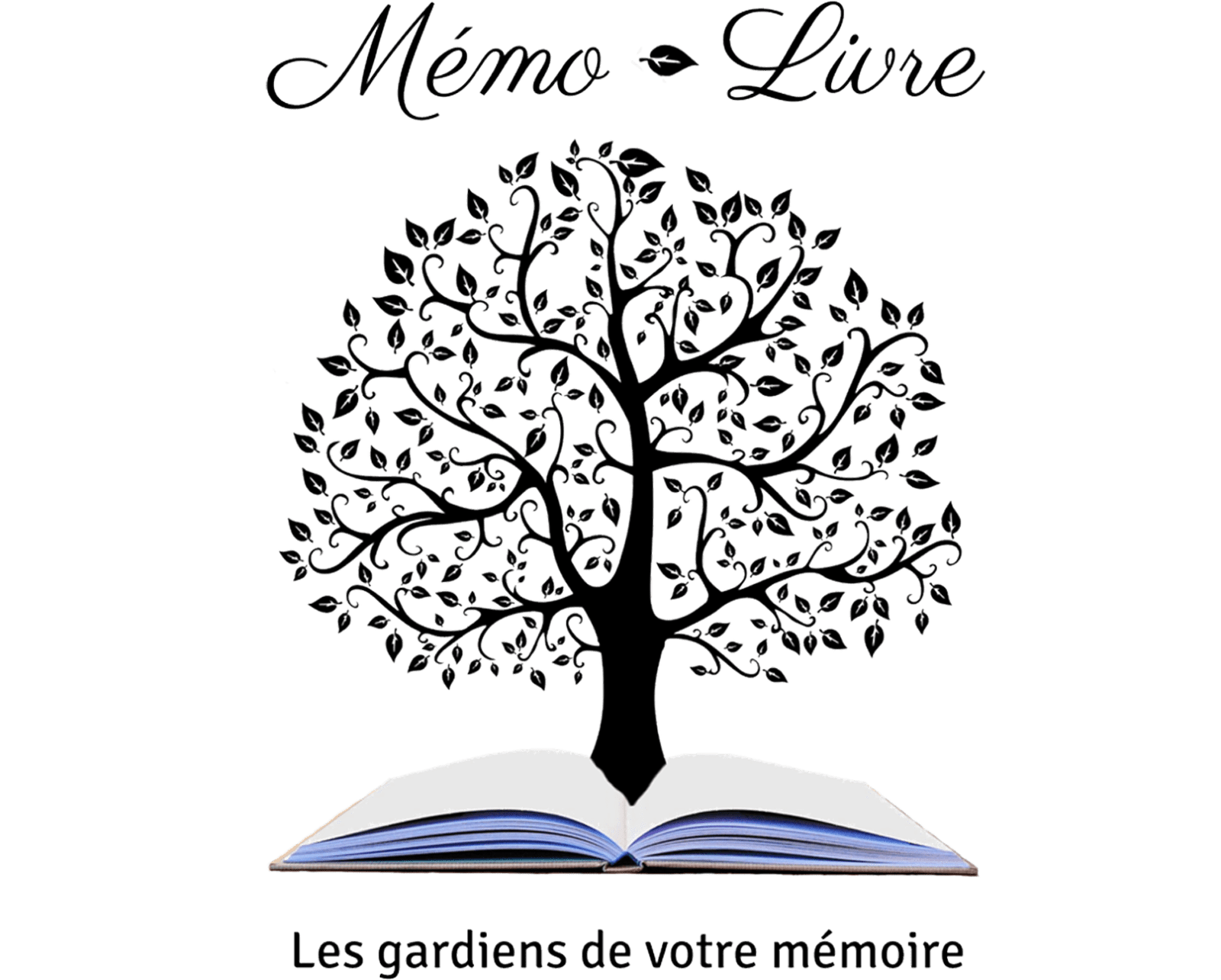 Logo Mémo Livre présentant un arbre sortant d'un livre et la base-line "les gardiens de votre mémoire".